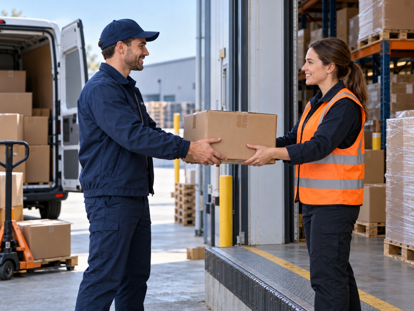 Courier exchanging a shipment with a warehouse manager