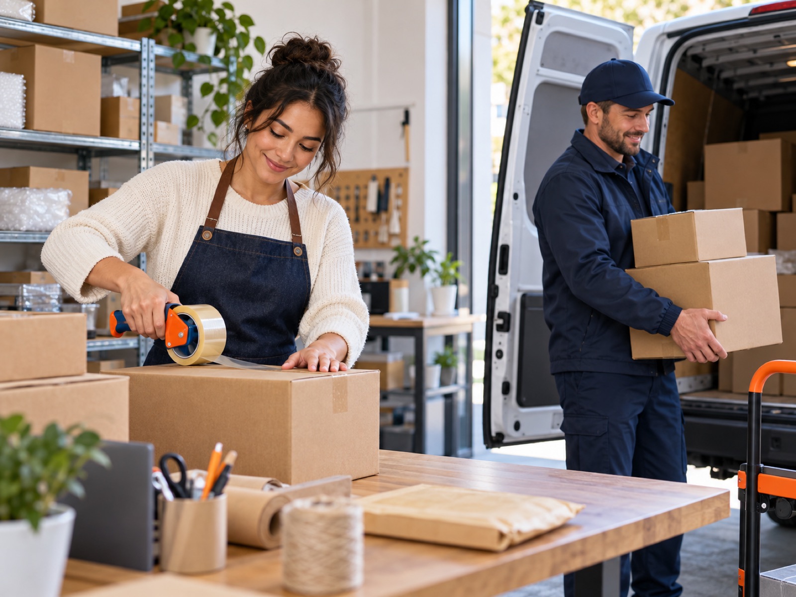 Merchant packing online orders as a courier collects parcels