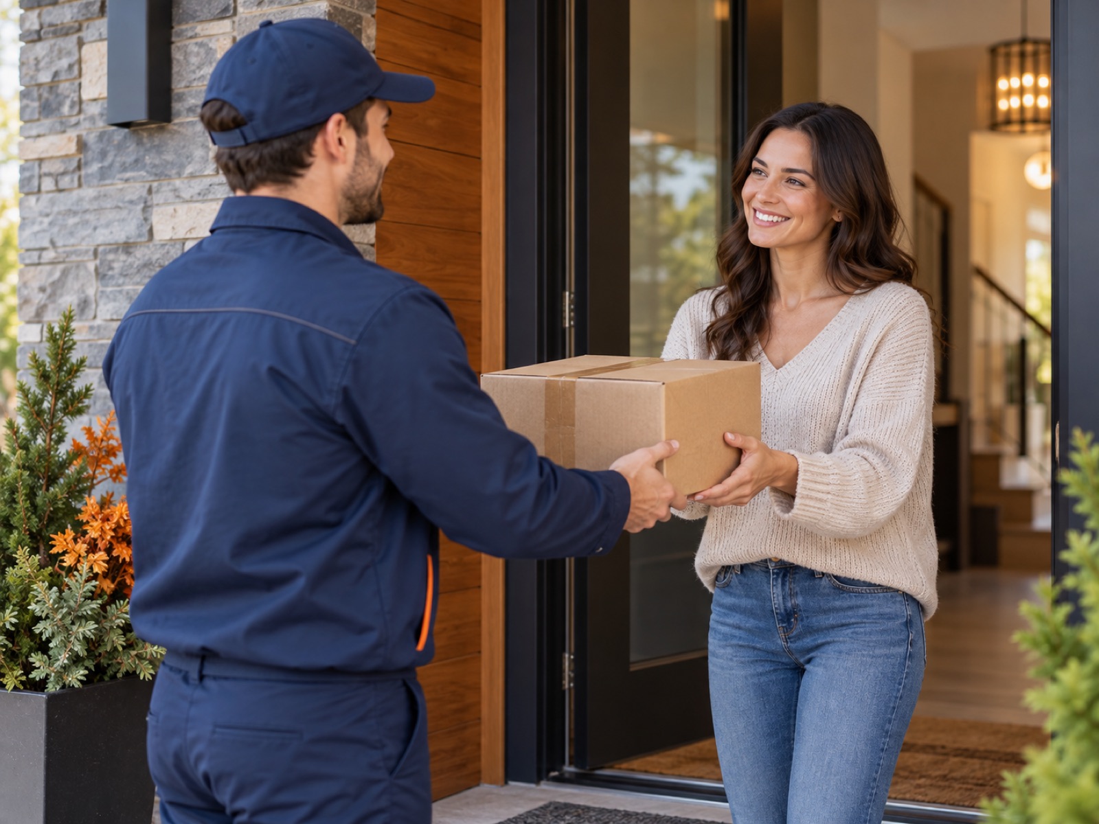 Courier handing a parcel to a customer at the door