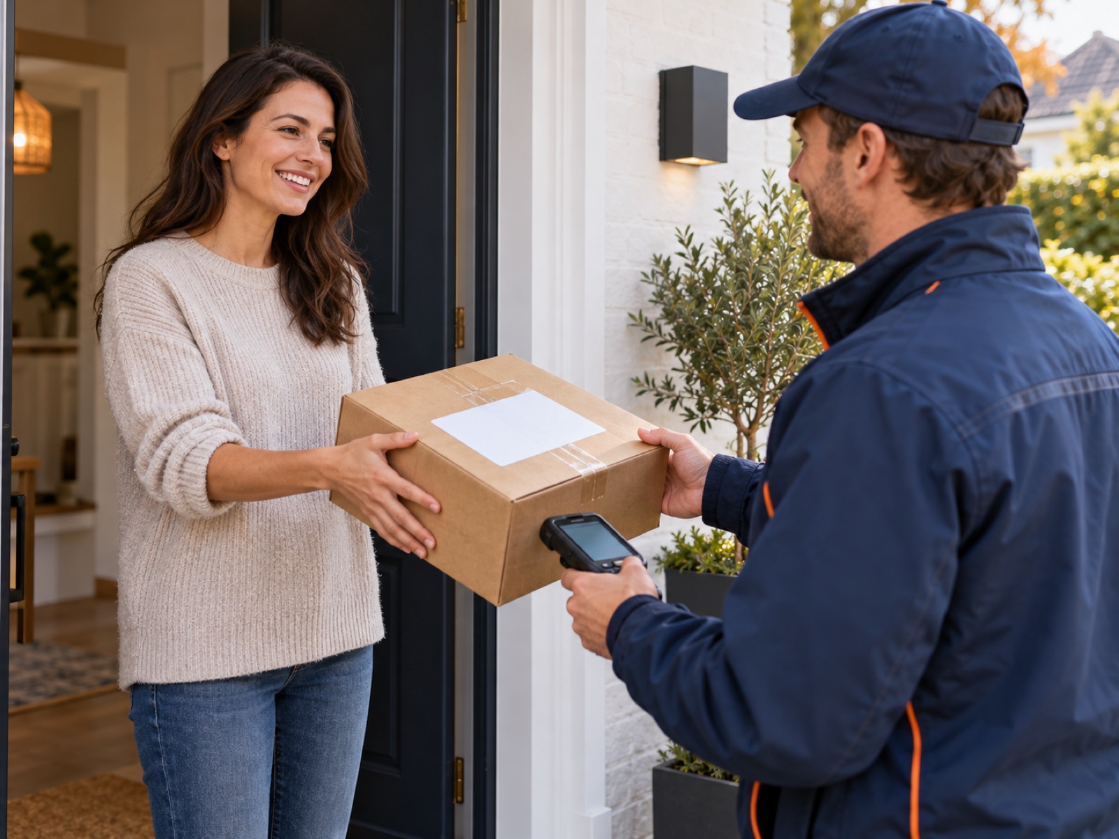 Courier collecting a return parcel from a customer