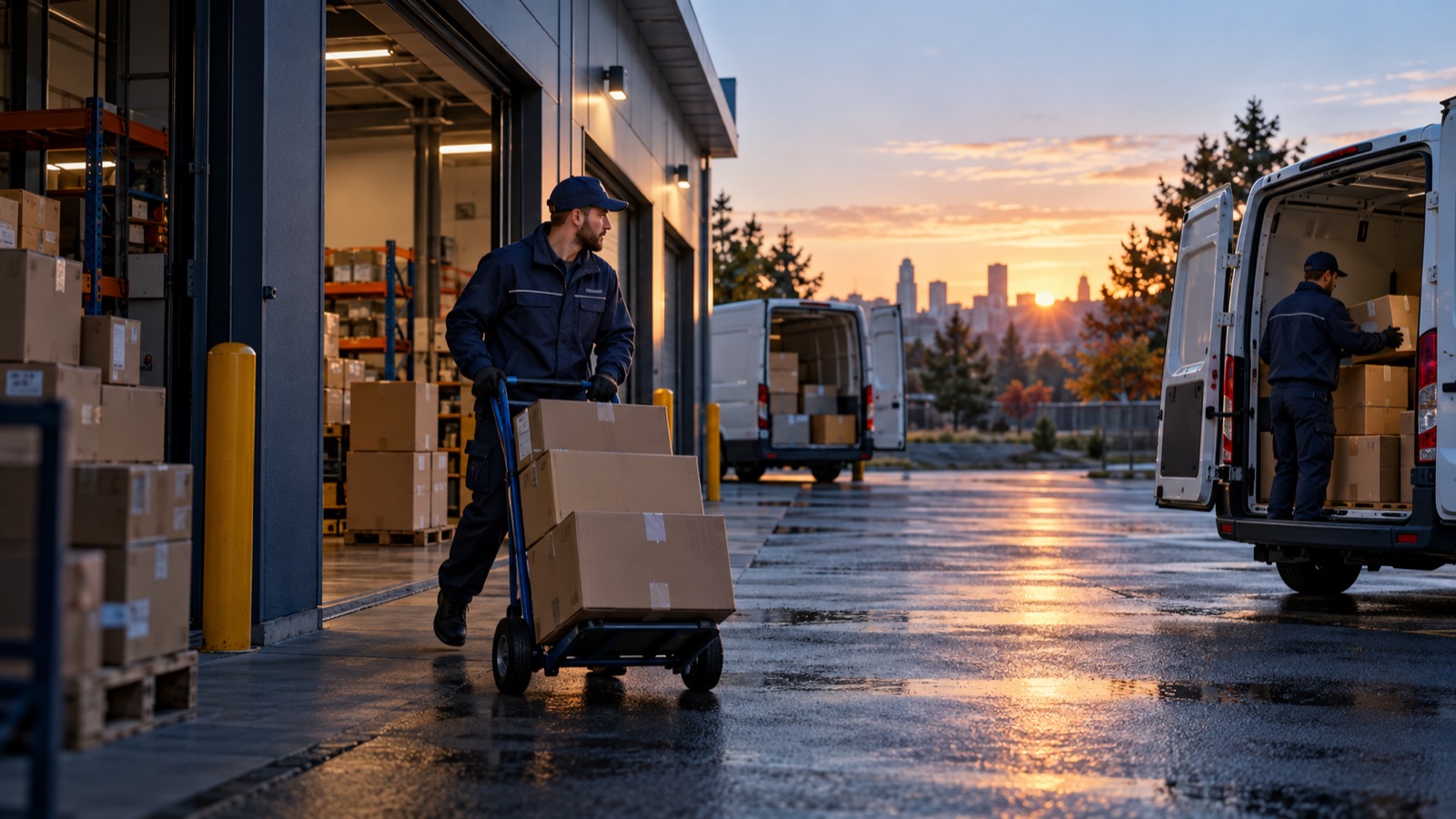 Couriers dispatching parcels from a delivery hub