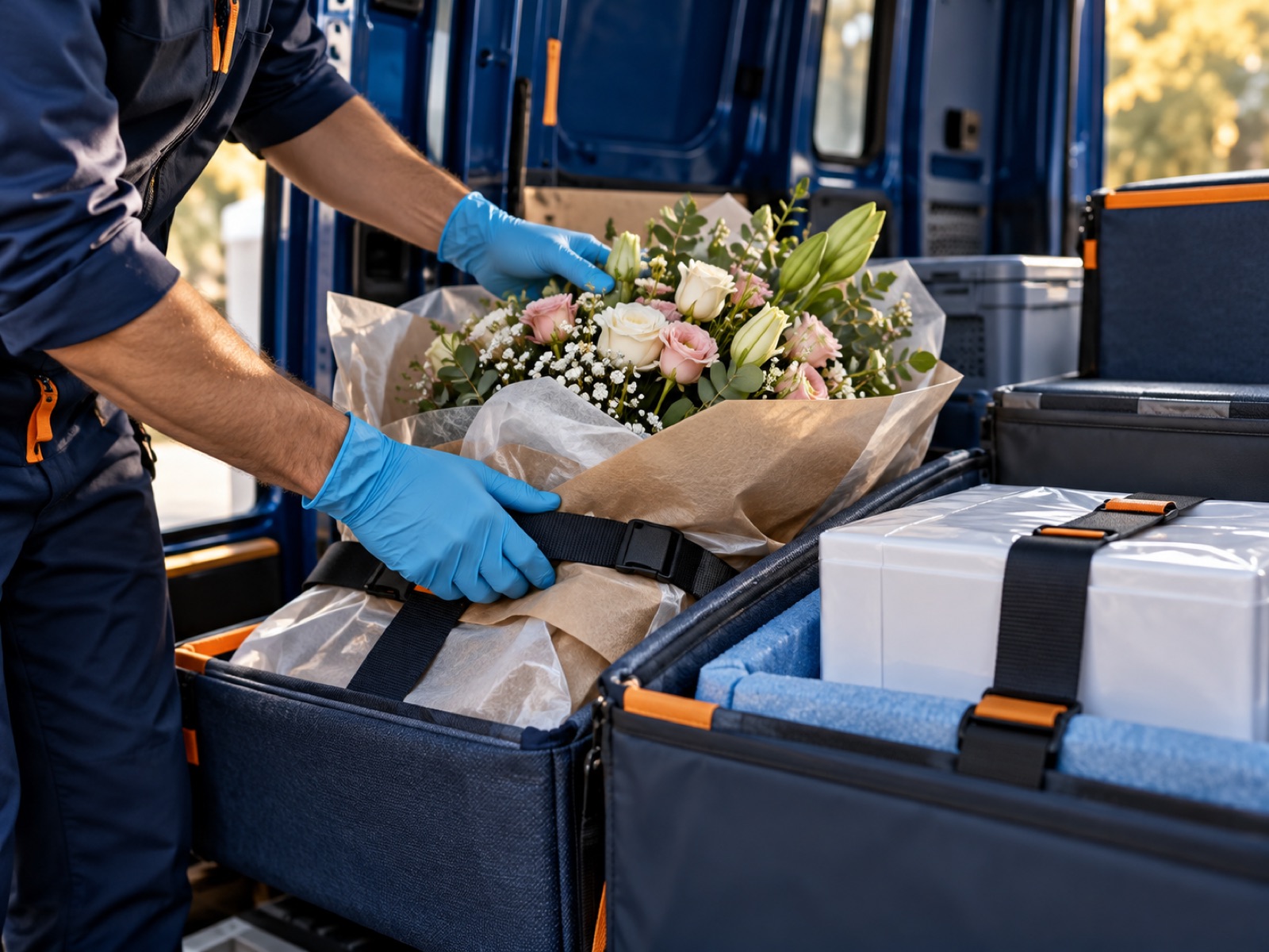 Courier securing flowers and a medical shipment for careful transport